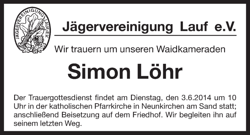  Traueranzeige für Simon Löhr vom 31.05.2014 aus Pegnitz-Zeitung